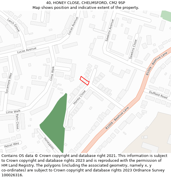 40, HONEY CLOSE, CHELMSFORD, CM2 9SP: Location map and indicative extent of plot