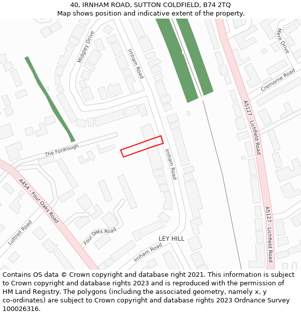 40, IRNHAM ROAD, SUTTON COLDFIELD, B74 2TQ: Location map and indicative extent of plot