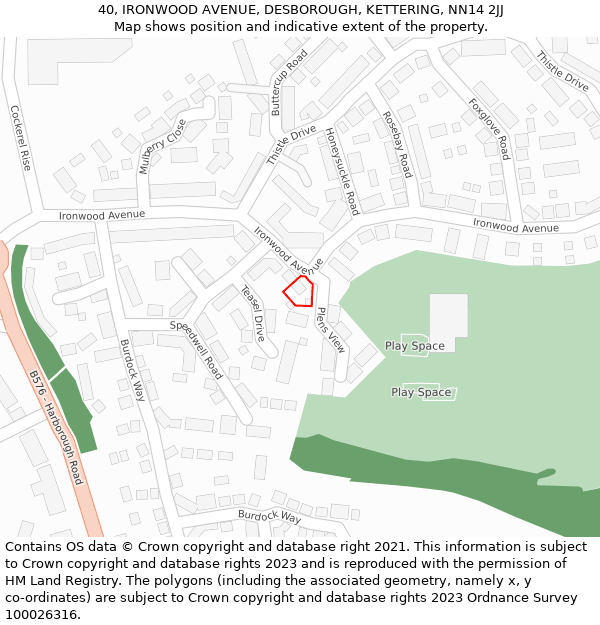 40, IRONWOOD AVENUE, DESBOROUGH, KETTERING, NN14 2JJ: Location map and indicative extent of plot