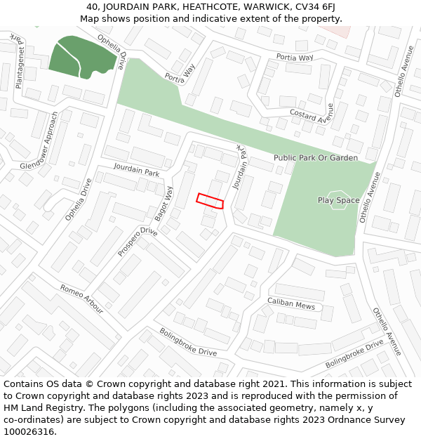 40, JOURDAIN PARK, HEATHCOTE, WARWICK, CV34 6FJ: Location map and indicative extent of plot