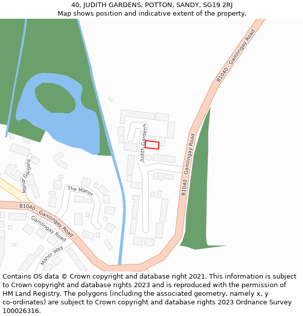 40, JUDITH GARDENS, POTTON, SANDY, SG19 2RJ: Location map and indicative extent of plot