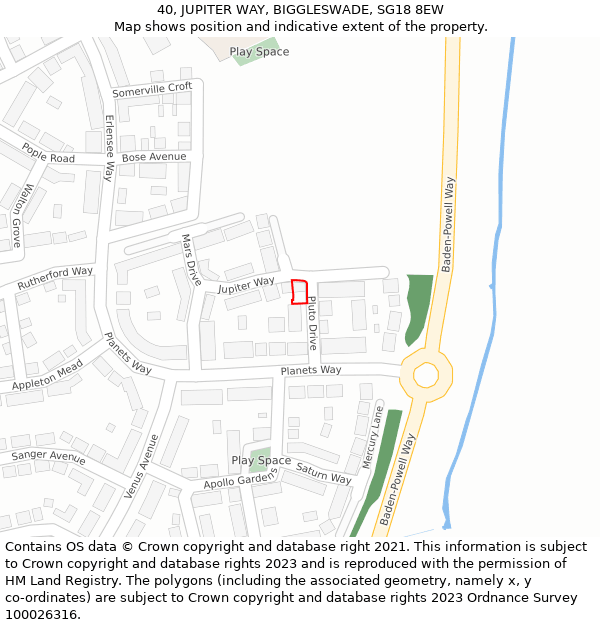 40, JUPITER WAY, BIGGLESWADE, SG18 8EW: Location map and indicative extent of plot