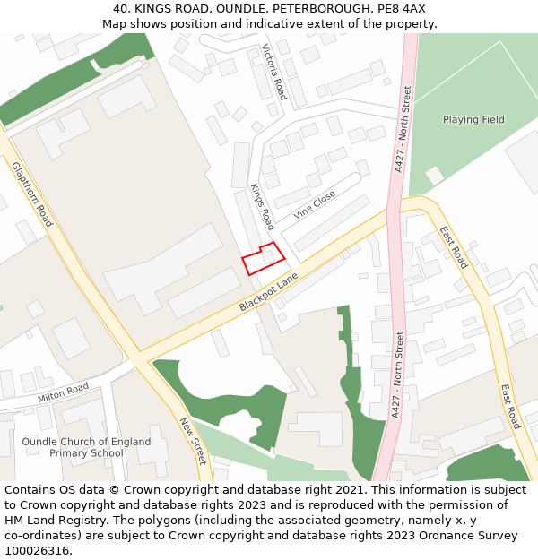40, KINGS ROAD, OUNDLE, PETERBOROUGH, PE8 4AX: Location map and indicative extent of plot