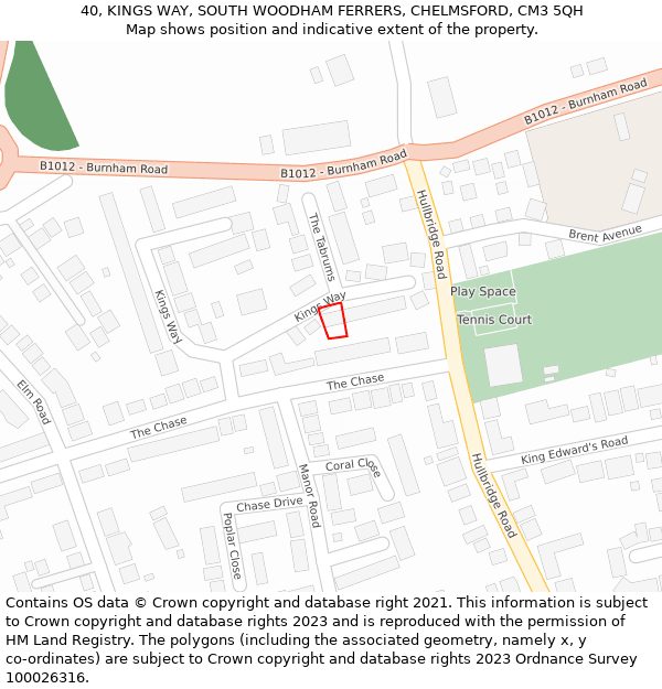 40, KINGS WAY, SOUTH WOODHAM FERRERS, CHELMSFORD, CM3 5QH: Location map and indicative extent of plot