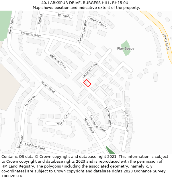 40, LARKSPUR DRIVE, BURGESS HILL, RH15 0UL: Location map and indicative extent of plot