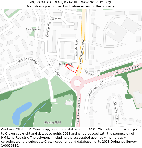 40, LORNE GARDENS, KNAPHILL, WOKING, GU21 2QL: Location map and indicative extent of plot