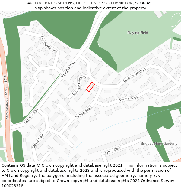 40, LUCERNE GARDENS, HEDGE END, SOUTHAMPTON, SO30 4SE: Location map and indicative extent of plot