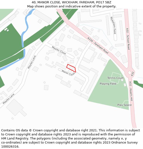 40, MANOR CLOSE, WICKHAM, FAREHAM, PO17 5BZ: Location map and indicative extent of plot