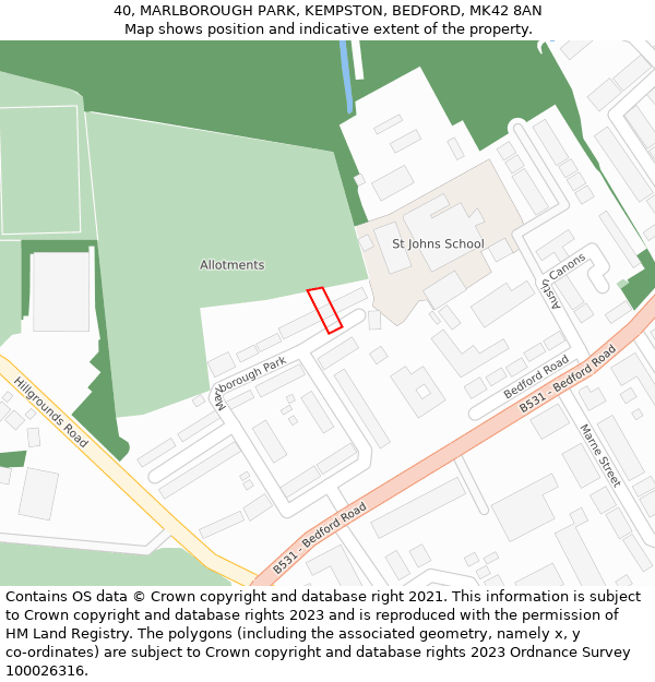 40, MARLBOROUGH PARK, KEMPSTON, BEDFORD, MK42 8AN: Location map and indicative extent of plot