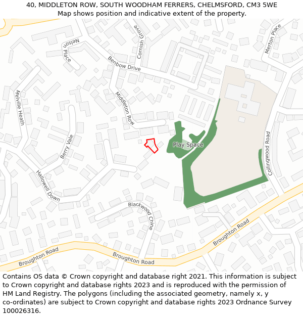 40, MIDDLETON ROW, SOUTH WOODHAM FERRERS, CHELMSFORD, CM3 5WE: Location map and indicative extent of plot