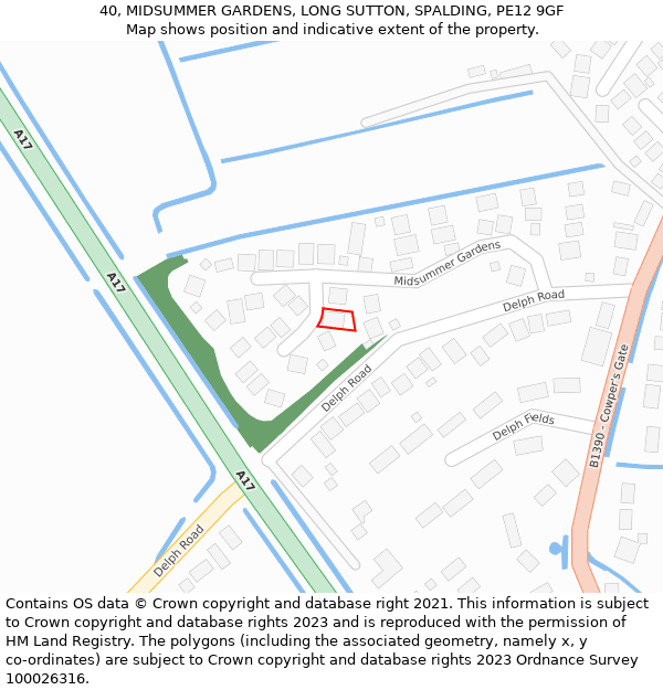 40, MIDSUMMER GARDENS, LONG SUTTON, SPALDING, PE12 9GF: Location map and indicative extent of plot