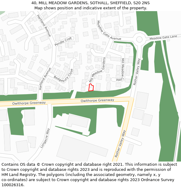 40, MILL MEADOW GARDENS, SOTHALL, SHEFFIELD, S20 2NS: Location map and indicative extent of plot