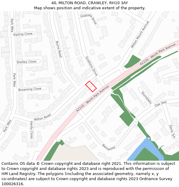 40, MILTON ROAD, CRAWLEY, RH10 3AY: Location map and indicative extent of plot