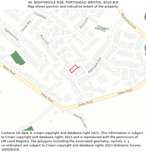 40, NIGHTINGALE RISE, PORTISHEAD, BRISTOL, BS20 8LN: Location map and indicative extent of plot