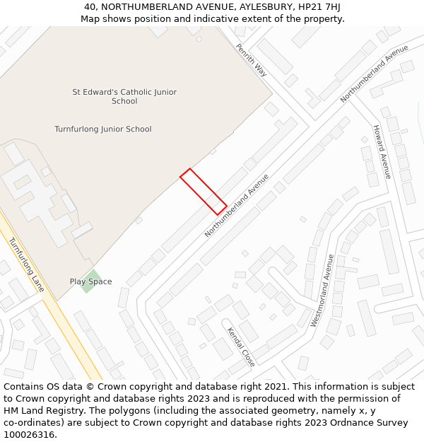 40, NORTHUMBERLAND AVENUE, AYLESBURY, HP21 7HJ: Location map and indicative extent of plot