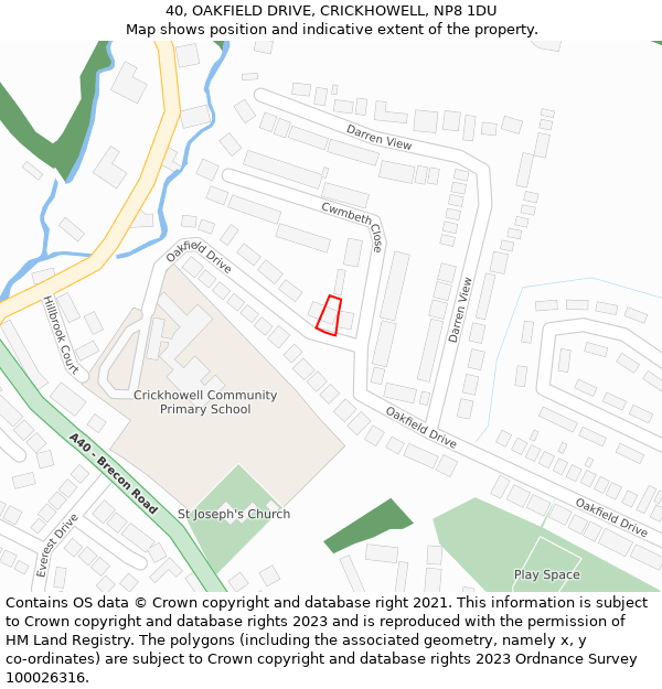 40, OAKFIELD DRIVE, CRICKHOWELL, NP8 1DU: Location map and indicative extent of plot