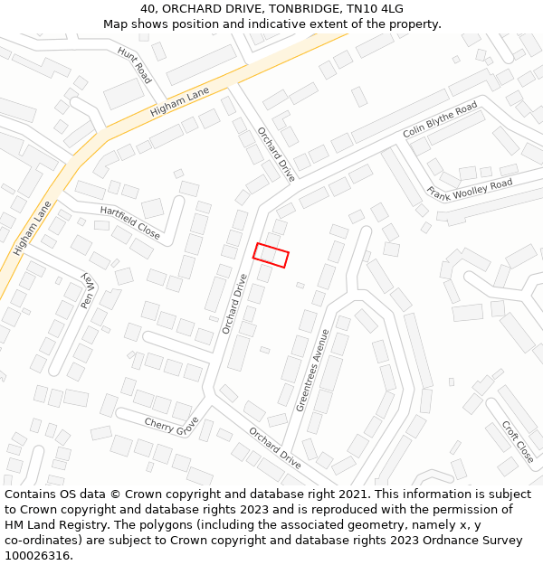 40, ORCHARD DRIVE, TONBRIDGE, TN10 4LG: Location map and indicative extent of plot