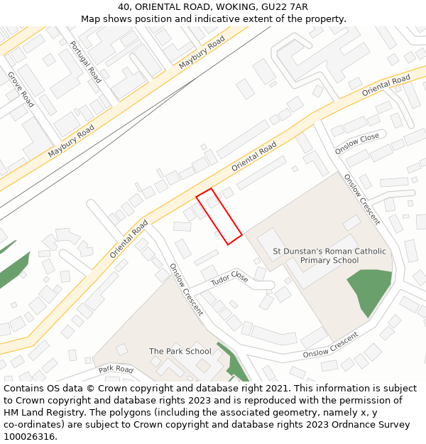 40, ORIENTAL ROAD, WOKING, GU22 7AR: Location map and indicative extent of plot