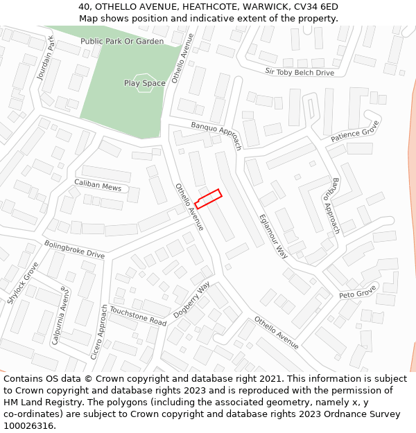 40, OTHELLO AVENUE, HEATHCOTE, WARWICK, CV34 6ED: Location map and indicative extent of plot