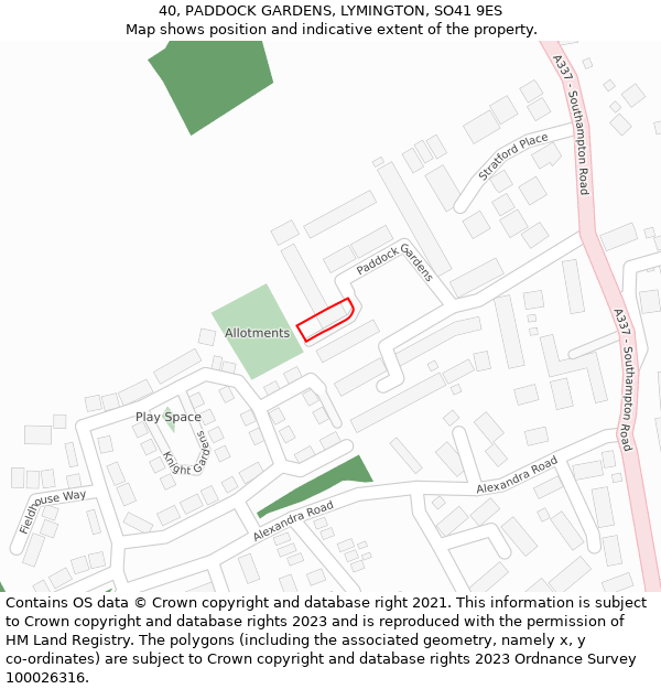 40, PADDOCK GARDENS, LYMINGTON, SO41 9ES: Location map and indicative extent of plot