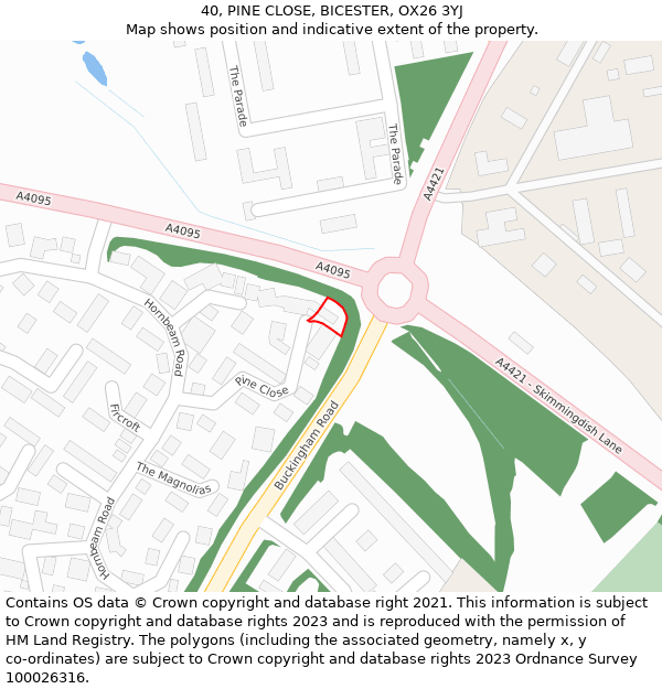 40, PINE CLOSE, BICESTER, OX26 3YJ: Location map and indicative extent of plot