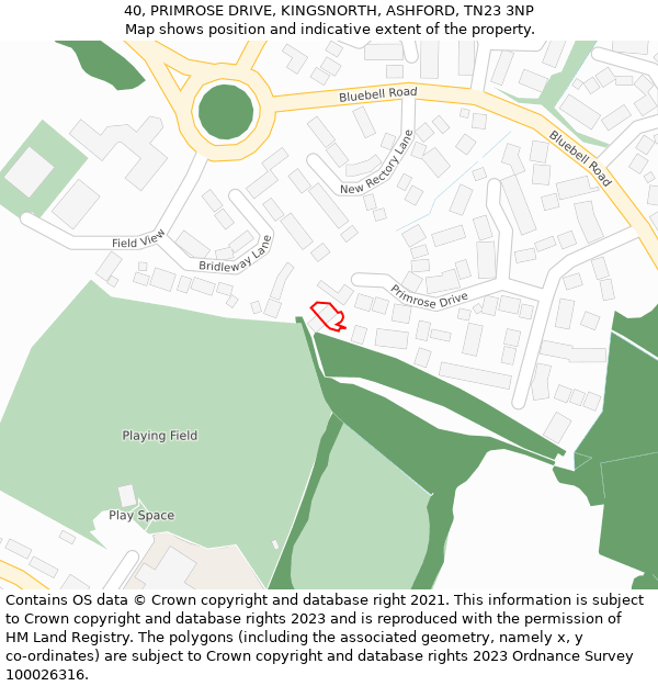 40, PRIMROSE DRIVE, KINGSNORTH, ASHFORD, TN23 3NP: Location map and indicative extent of plot