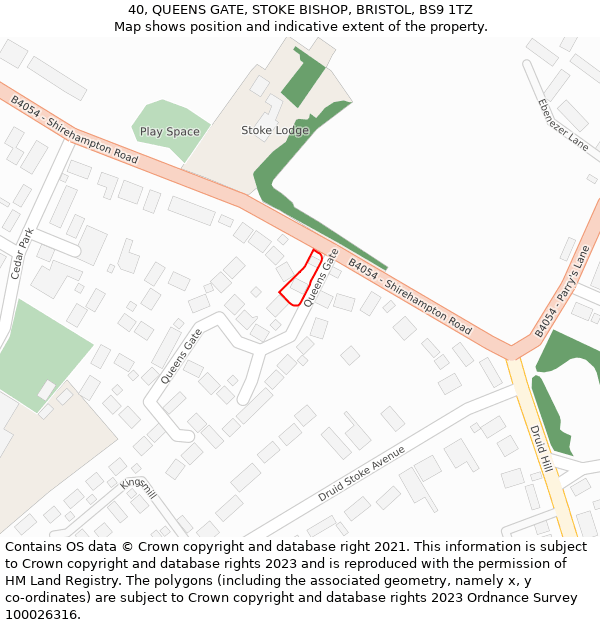 40, QUEENS GATE, STOKE BISHOP, BRISTOL, BS9 1TZ: Location map and indicative extent of plot