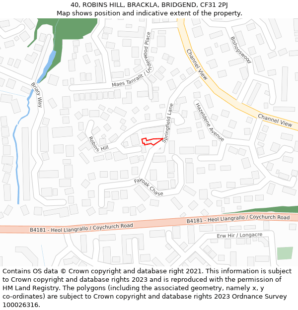 40, ROBINS HILL, BRACKLA, BRIDGEND, CF31 2PJ: Location map and indicative extent of plot