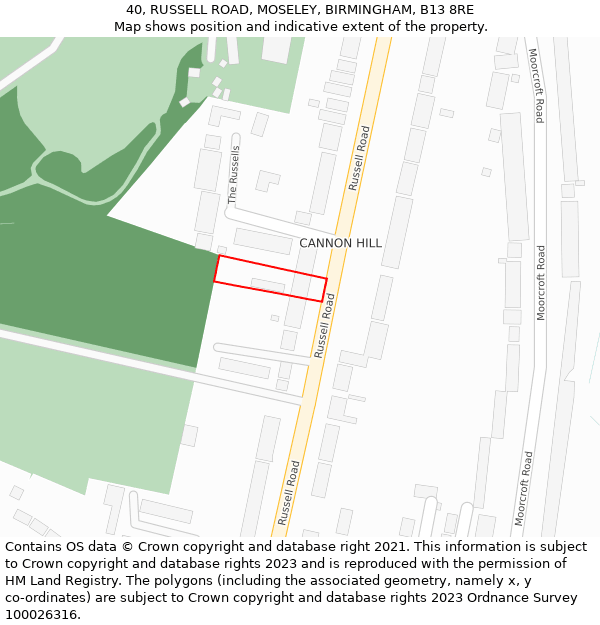 40, RUSSELL ROAD, MOSELEY, BIRMINGHAM, B13 8RE: Location map and indicative extent of plot