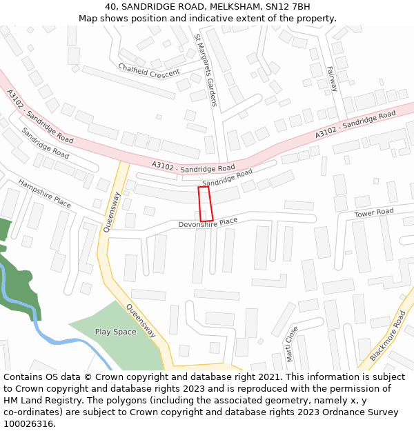 40, SANDRIDGE ROAD, MELKSHAM, SN12 7BH: Location map and indicative extent of plot