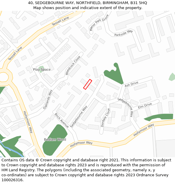 40, SEDGEBOURNE WAY, NORTHFIELD, BIRMINGHAM, B31 5HQ: Location map and indicative extent of plot