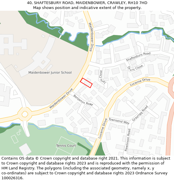 40, SHAFTESBURY ROAD, MAIDENBOWER, CRAWLEY, RH10 7HD: Location map and indicative extent of plot