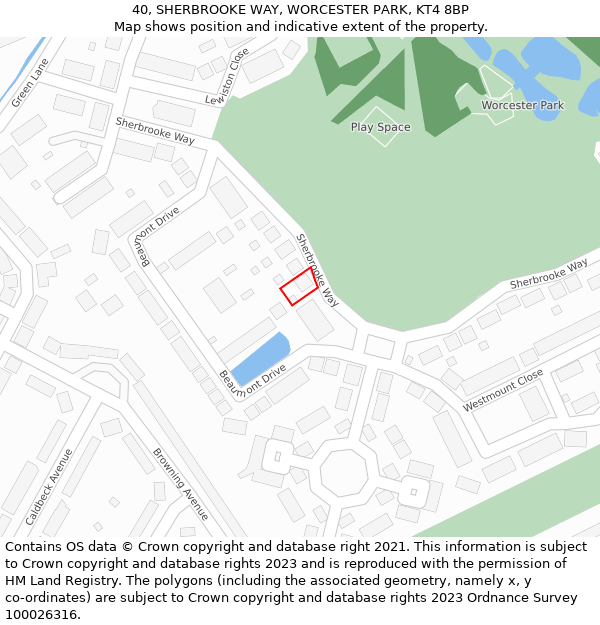 40, SHERBROOKE WAY, WORCESTER PARK, KT4 8BP: Location map and indicative extent of plot