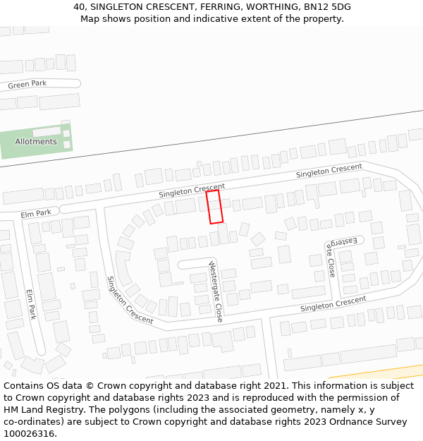 40, SINGLETON CRESCENT, FERRING, WORTHING, BN12 5DG: Location map and indicative extent of plot