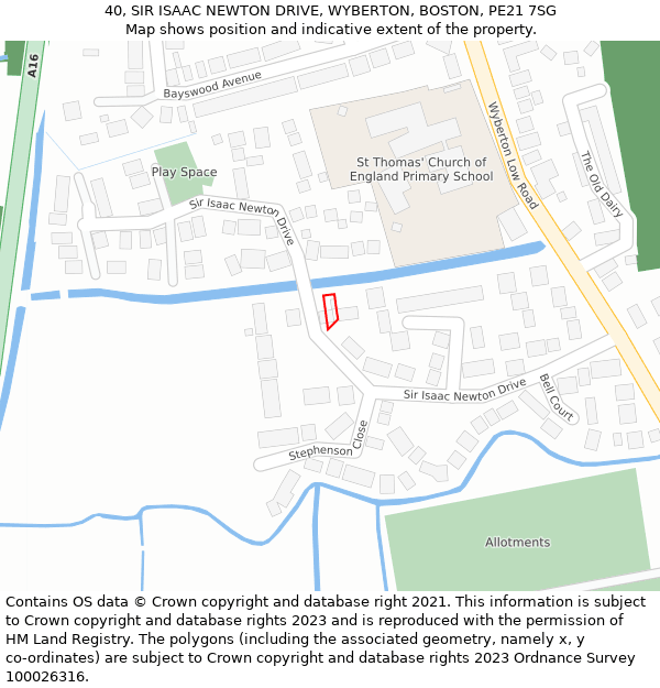 40, SIR ISAAC NEWTON DRIVE, WYBERTON, BOSTON, PE21 7SG: Location map and indicative extent of plot