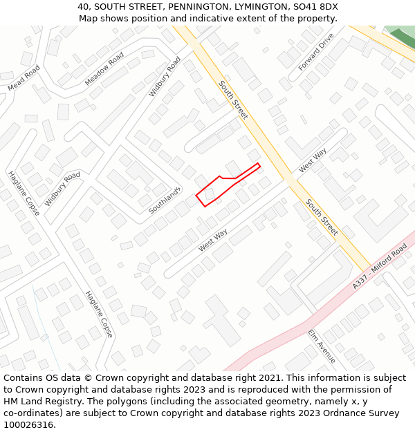 40, SOUTH STREET, PENNINGTON, LYMINGTON, SO41 8DX: Location map and indicative extent of plot