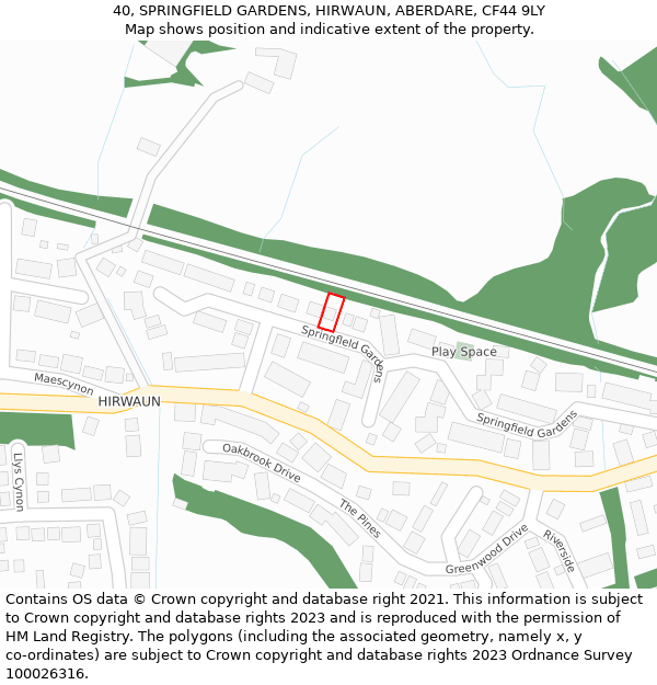 40, SPRINGFIELD GARDENS, HIRWAUN, ABERDARE, CF44 9LY: Location map and indicative extent of plot