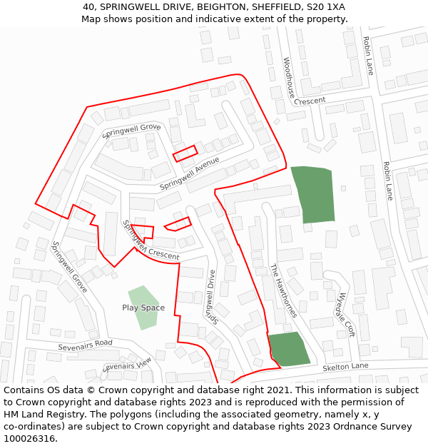 40, SPRINGWELL DRIVE, BEIGHTON, SHEFFIELD, S20 1XA: Location map and indicative extent of plot