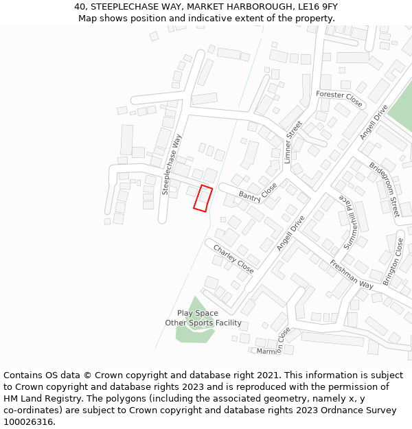 40, STEEPLECHASE WAY, MARKET HARBOROUGH, LE16 9FY: Location map and indicative extent of plot