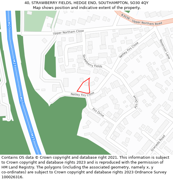 40, STRAWBERRY FIELDS, HEDGE END, SOUTHAMPTON, SO30 4QY: Location map and indicative extent of plot