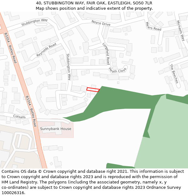 40, STUBBINGTON WAY, FAIR OAK, EASTLEIGH, SO50 7LR: Location map and indicative extent of plot