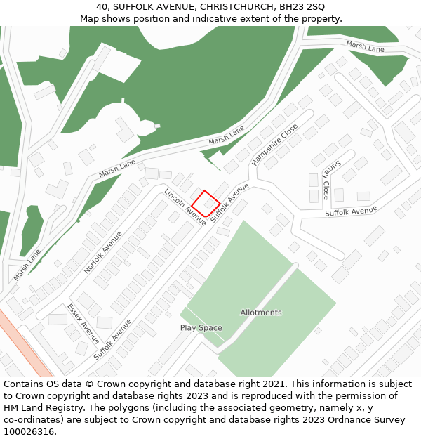 40, SUFFOLK AVENUE, CHRISTCHURCH, BH23 2SQ: Location map and indicative extent of plot