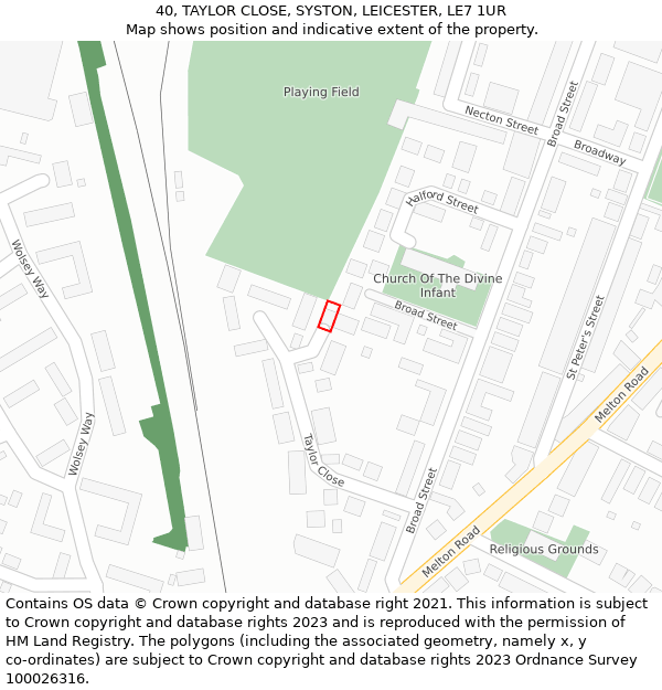 40, TAYLOR CLOSE, SYSTON, LEICESTER, LE7 1UR: Location map and indicative extent of plot