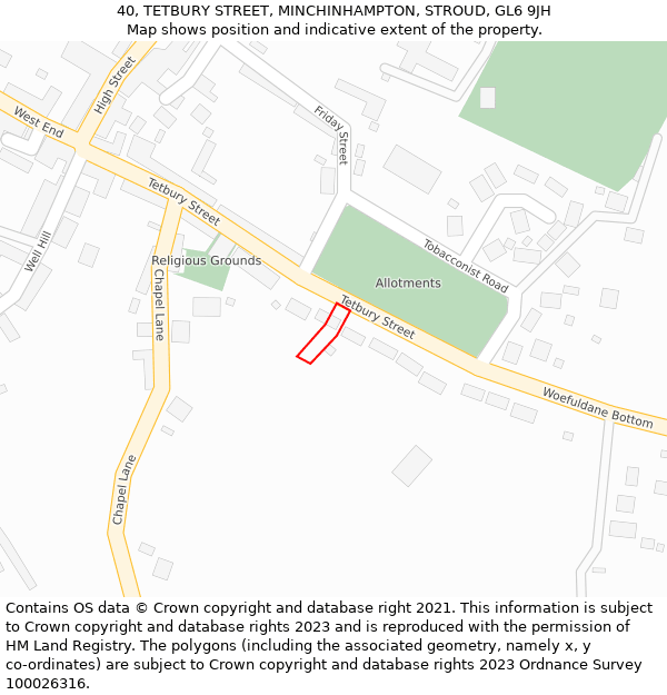 40, TETBURY STREET, MINCHINHAMPTON, STROUD, GL6 9JH: Location map and indicative extent of plot