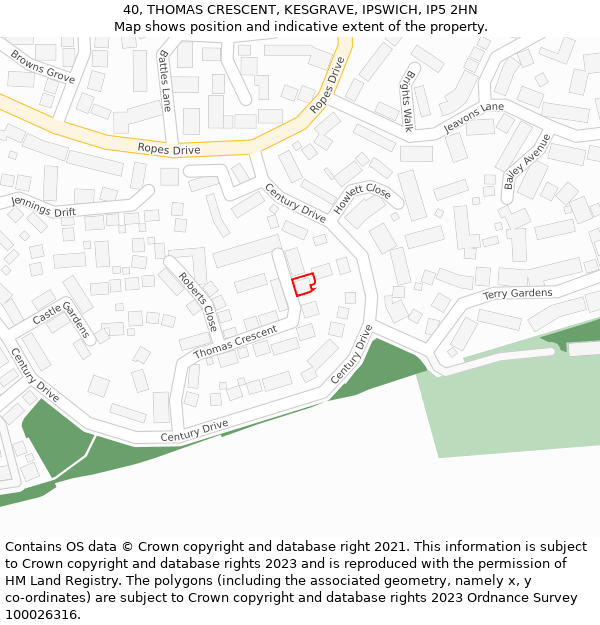 40, THOMAS CRESCENT, KESGRAVE, IPSWICH, IP5 2HN: Location map and indicative extent of plot