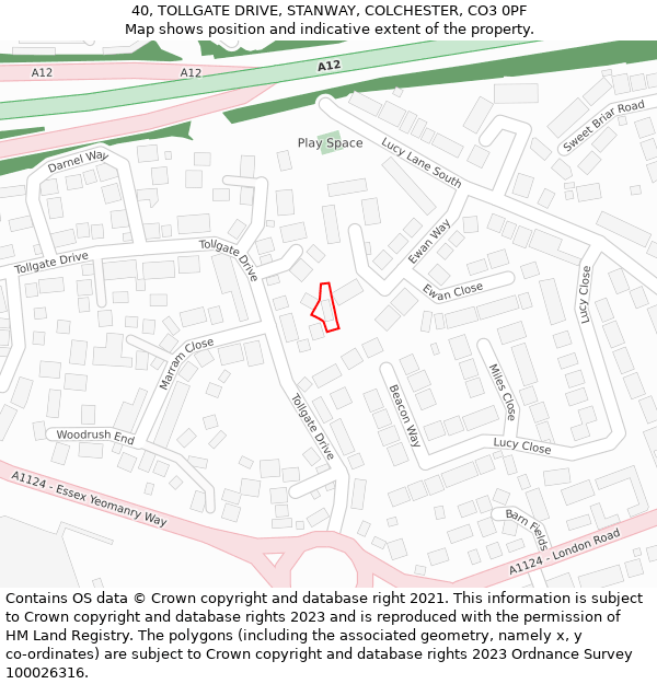 40, TOLLGATE DRIVE, STANWAY, COLCHESTER, CO3 0PF: Location map and indicative extent of plot