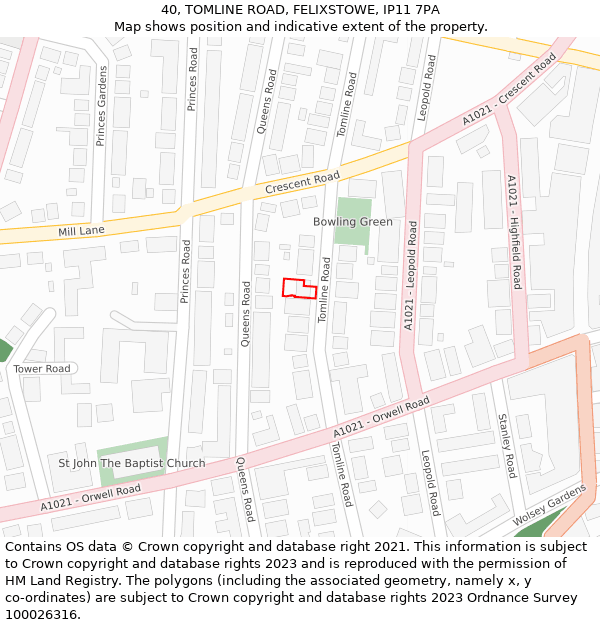 40, TOMLINE ROAD, FELIXSTOWE, IP11 7PA: Location map and indicative extent of plot