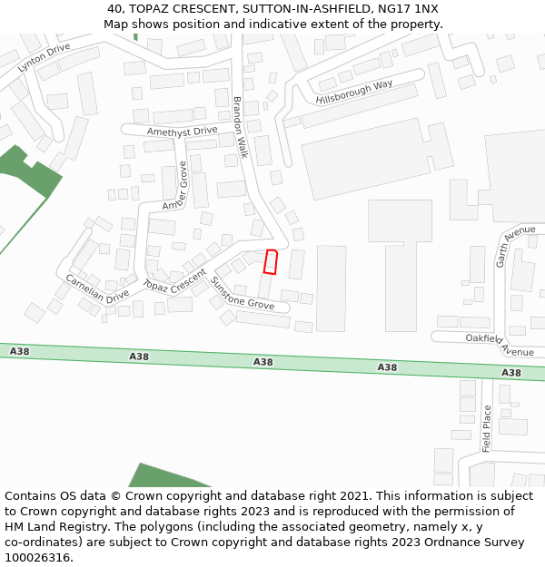 40, TOPAZ CRESCENT, SUTTON-IN-ASHFIELD, NG17 1NX: Location map and indicative extent of plot