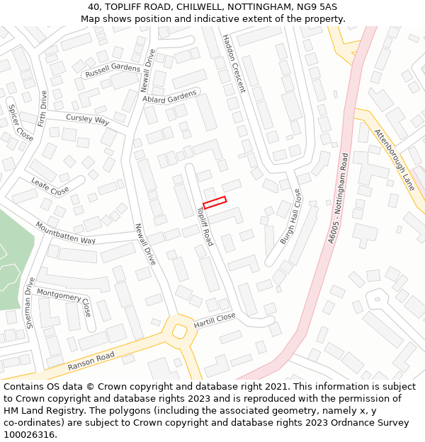 40, TOPLIFF ROAD, CHILWELL, NOTTINGHAM, NG9 5AS: Location map and indicative extent of plot