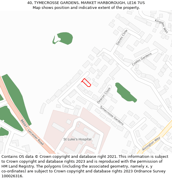 40, TYMECROSSE GARDENS, MARKET HARBOROUGH, LE16 7US: Location map and indicative extent of plot